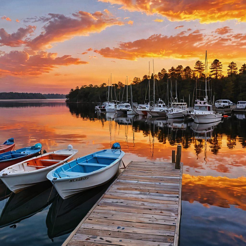 A serene lake scene featuring various boats at anchor, with a protective shield overlay symbolizing insurance coverage. In the background, a vibrant sunset casts warm hues over the water, while detailed icons of policy documents and waves reflect the theme of marine insurance. A thoughtful boater stands on a dock, glancing at the scene, evoking tranquility and awareness. super-realistic. vibrant colors. painting.