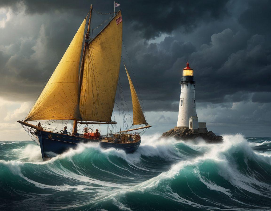 A dynamic scene depicting a sailor confidently navigating a stormy sea, with various marine coverage symbols like shields and anchors floating above the waves. In the background, a lighthouse stands tall, guiding the way through turbulent waters, symbolizing protection. The colors should convey a sense of both challenge and assurance, with dark blues and bright safety yellows. Add a subtle compass element integrated into the design. super-realistic. vibrant colors. dramatic lighting.