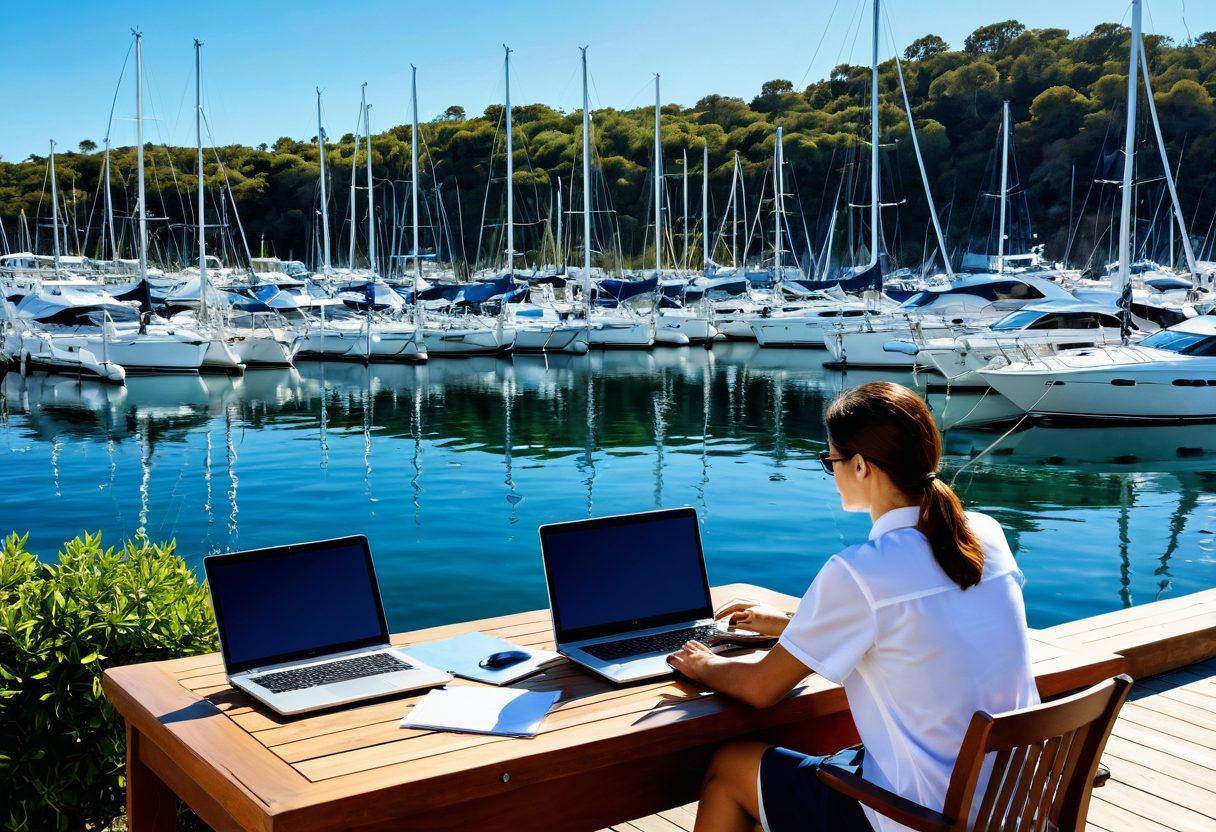 A serene marina scene showcasing a variety of sailboats and luxury yachts gracefully moored. In the foreground, a confident insurance agent reviews a policy on a laptop, while clients discuss their boating needs. Soft waves glisten under a clear blue sky, creating an inviting atmosphere of peace and security. Subtle icons representing insurance policies gently float around, symbolizing coverage options. super-realistic. vibrant colors. coastal scenery.